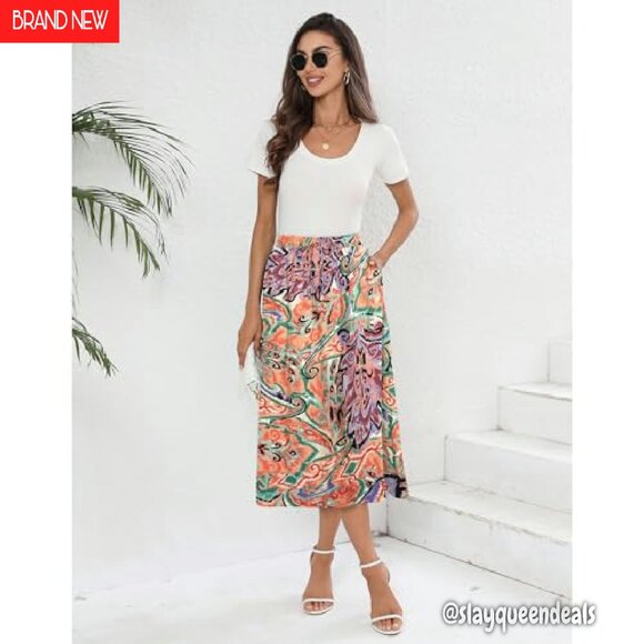 Boho Midi Skirt with Pockets High Waisted A-Line Summer Beach Cover Up - Picture 7 of 7